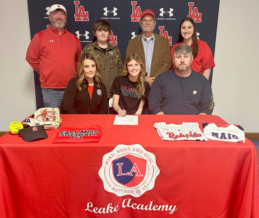 Lepard is joined by her mother, Jenna, and father, John on the front row. On the back row is Leake Academy assistant softball coach Lee Myers, brother Ace Lepard, grandfather Tony Smith and Leake Academy head softball coach Brantley Scott.